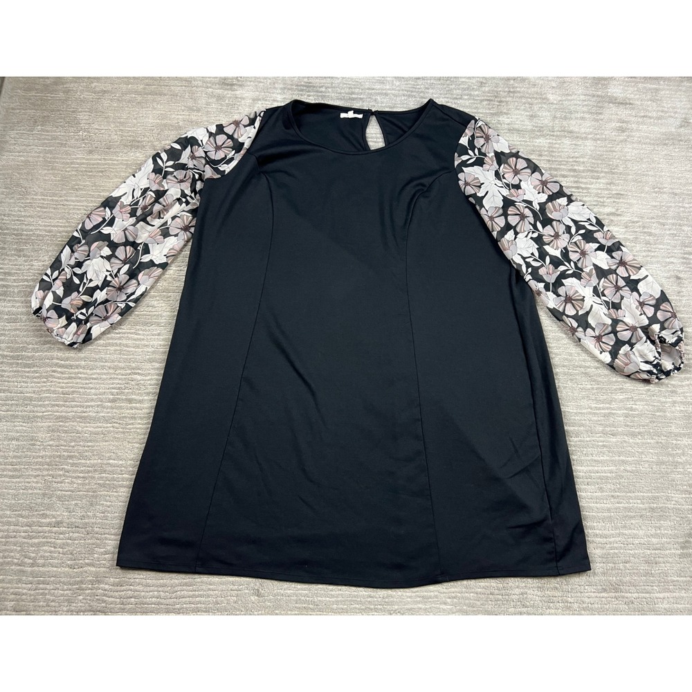 Maurices Dress Womens 2 Black Floral Sheer Sleeve Shift‎ Crew Neck Stretch Knit